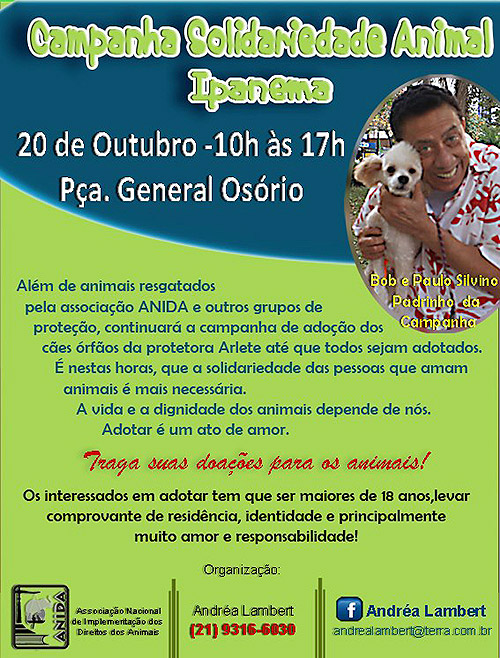 Campanha Solidariedade Animal - Feira de Adoção – 20/10 – Ipanema – Rio de Janeiro